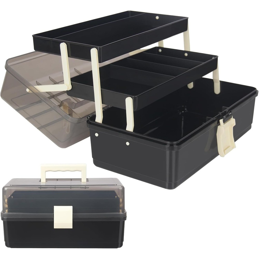 WEWLINE 13-Inch Art Storage Box 3-Layer Plastic Craft Bin Handle Black AA44